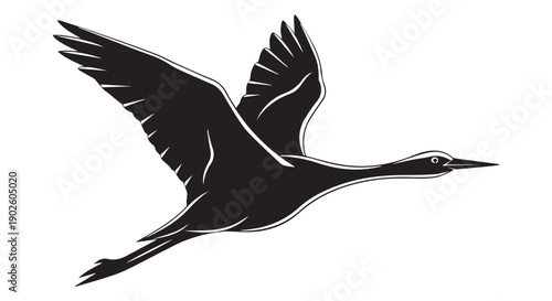 Black silhouette of a bird in flight with outstretched wings against a Transparent Background, symbolizing freedom and movement.