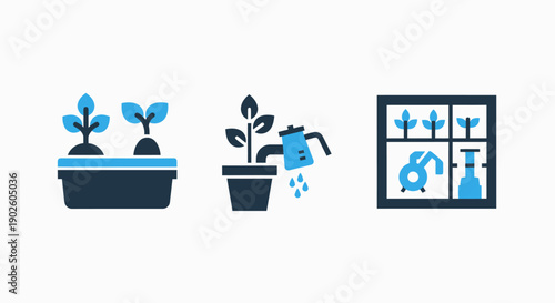 Gardening icons showing plant growth in a container, watering a potted plant, and a shelf for indoor plants.