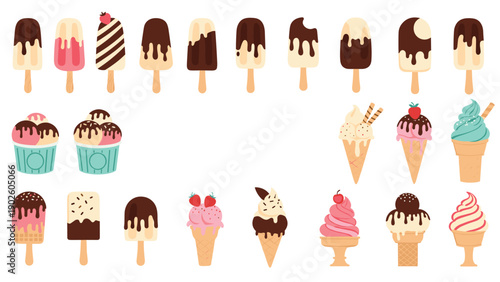 Large collection of diverse ice cream treats including popsicles, cones, and cups with various delicious toppings and flavors.