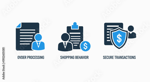 Icons for e-commerce and finance: order processing document, shopping behavior analysis, and secure transactions with shield.
