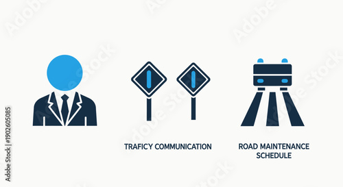 Icons for traffic communication, road maintenance schedule, and a driver, representing transportation management and safety.