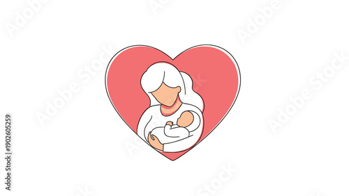 Tender illustration of a mother lovingly cradling her sleeping infant inside a large pink heart symbol of maternal love and care.