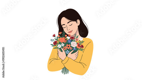 Serene woman with closed eyes tenderly hugging a large colorful bouquet of various flowers against a clean white background.