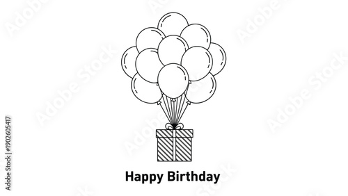 Wrapped birthday gift box floating in the air carried by a large bunch of festive round balloons in a minimalist line art style.