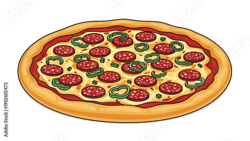 Delicious whole pepperoni pizza topped with sliced green peppers and melted cheese on a thick golden crust in vector illustration.