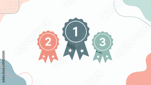 Achievement ribbons for first second and third place winners are displayed on a white background with abstract shapes.