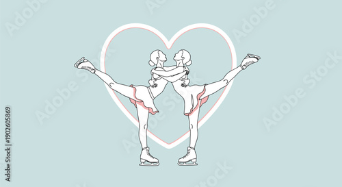 Two female figure skaters in an embrace with a large heart background
