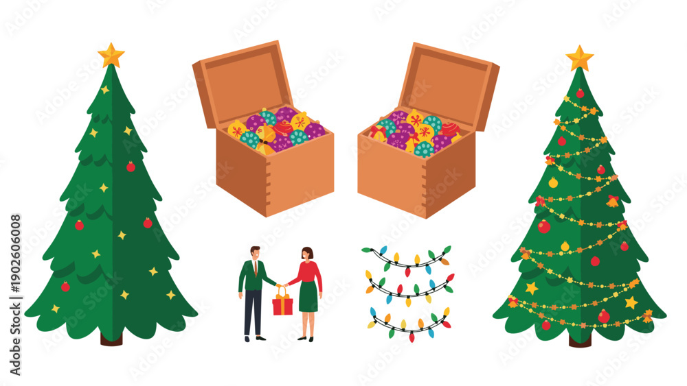Naklejka premium Set of christmas themed elements including decorated trees boxes of ornaments a couple sharing a gift and festive lights.