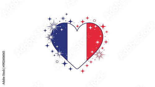 Patriotic heart shape contains the colors and vertical stripes of the french flag surrounded by shimmering stars and light.