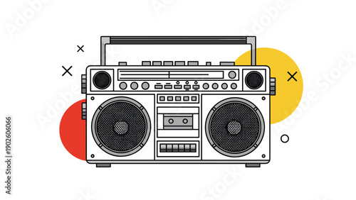 Retro boombox stereo system from the eighties is shown with vibrant colorful circles and abstract geometric elements.