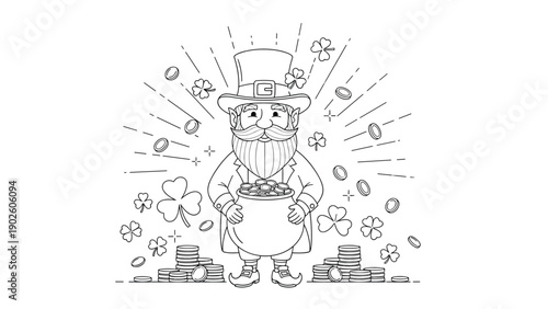 Leprechaun stands with a pot of gold while coins and shamrocks rain down in this detailed line art for st patricks day.