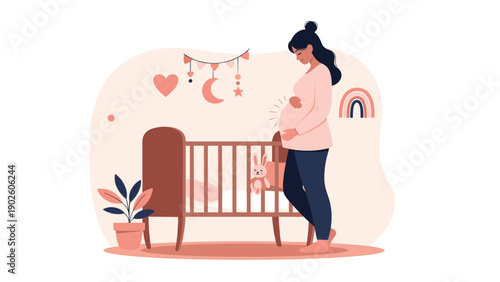 expecting mother standing next to a baby crib in a modern nursery decorated with rainbows and heart shapes in soft pastel colors.