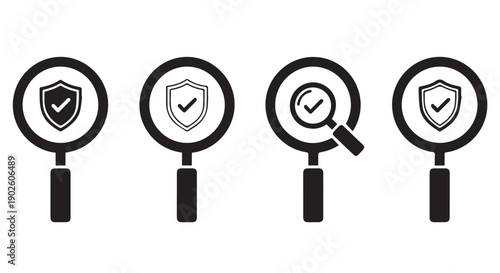 Set of four magnifying glass icons with shield and checkmark symbols, representing security, verification, and protection concepts in a simple, modern design.
