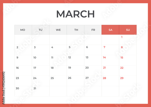 Daily planner. March 2026 minimal calendar template, week starts Monday.