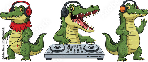 Cartoon crocodiles with headphones music illustration featuring DJ mixer, listening pose, peace sign, and entertainment design for wildlife, fun, party, culture, and creative projects