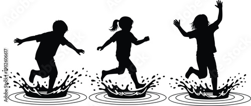 Children playing in puddles, joyful silhouettes, water splash fun, carefree childhood moments, black and white design, playful energy, flat vector illustration