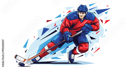 Dynamic ice hockey player in red and blue uniform skating with puck