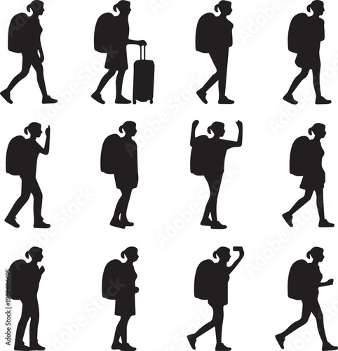 Silhouettes of people walking with backpacks against a white background