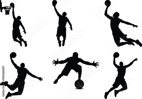 Basketball player silhouettes, jumping and dunking poses