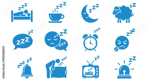 Collection of blue sleep themed icons, including a person in bed, a cup of tea, a moon, a sheep, and various emotive expressions, representing rest and relaxation.