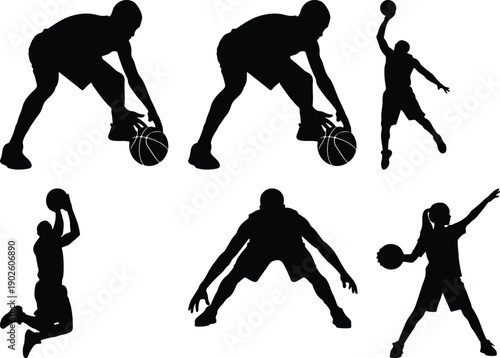 Basketball players silhouettes in action, dribbling and jumping.