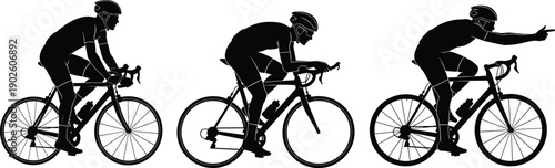 Cyclists silhouettes artwork, road bicycle postures, racing aerodynamic design, pointing gesture illustration, cycling sport vector, outdoor activity art, black silhouette style, 