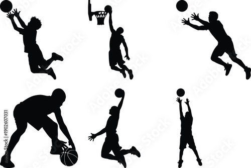 Basketball player silhouettes in action, dynamic poses, vector art