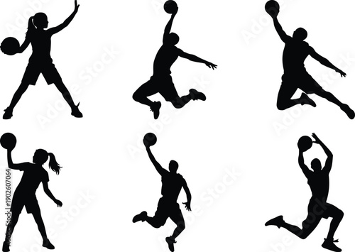 Female basketball player silhouettes in action, dynamic poses, vector