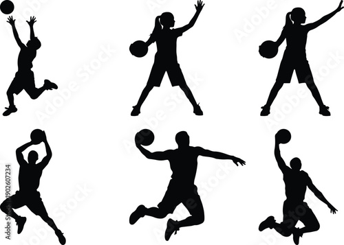 Female basketball players silhouettes in action on white
