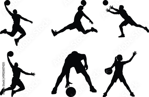 Basketball players silhouettes in action on white background