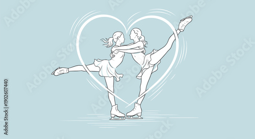 Pair of female figure skaters posing in a heart shape on ice rink