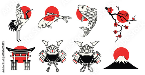 Vector illustration featuring traditional Japanese symbols including Mount Fuji, torii gate, red sun, cherry blossom branch, koi fish, and flying crane