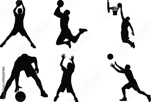 Basketball players silhouettes with hoop and ball on white