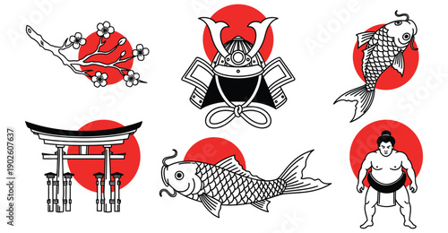 Vector illustration featuring traditional Japanese symbols including Mount Fuji, torii gate, red sun, cherry blossom branch, koi fish, and flying crane
