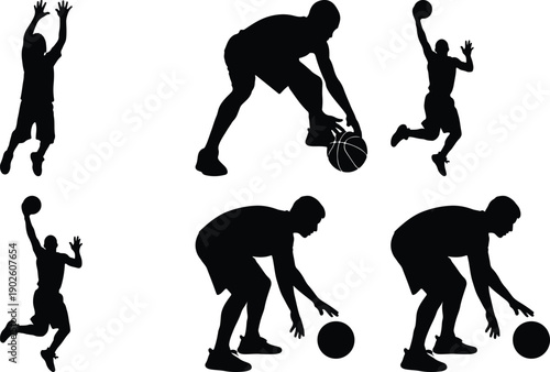 Basketball player silhouettes in action, dribbling and jumping.
