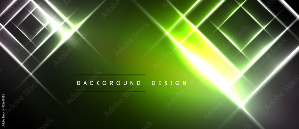 Naklejka premium Abstract neon lines create dynamic green, white glow. Central bright light draws attention. Modern design element for backgrounds.