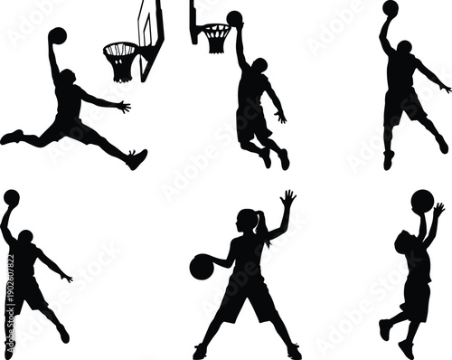 Basketball players dunking and shooting, including children.