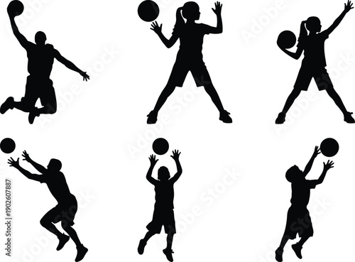 Diverse basketball players, kids and adults, in action poses.