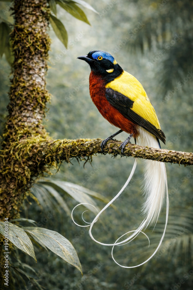 Fototapeta premium Bird of paradise perched on branch with long white tail plumes