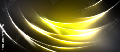 Abstract yellow light curves flow across dark background. Smooth shapes create dynamic, energetic visual effect. Brightness contrasts sharply.