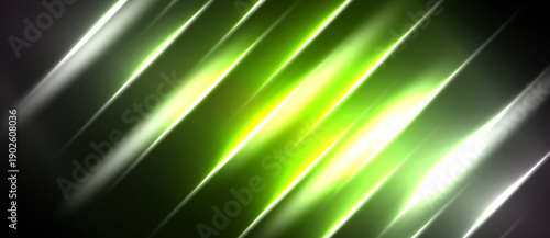 Abstract background features bright green, white streaks against dark backdrop. Diagonal lines create dynamic visual effect.