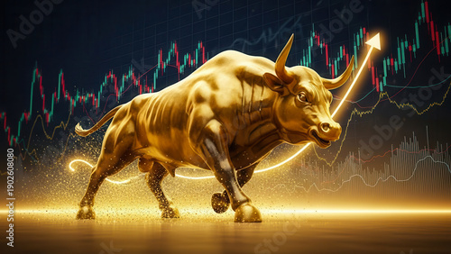 A powerful golden bull symbolizing market growth and financial success, with an upward trend arrow and vibrant stock charts