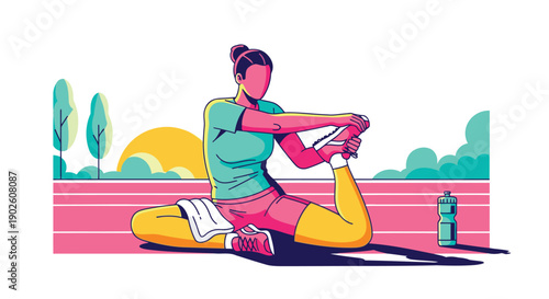 Woman athlete stretching on a running track during sunset