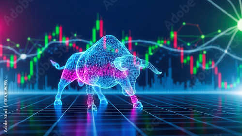 Digital bull market concept with glowing particles representing financial growth and technological advancement