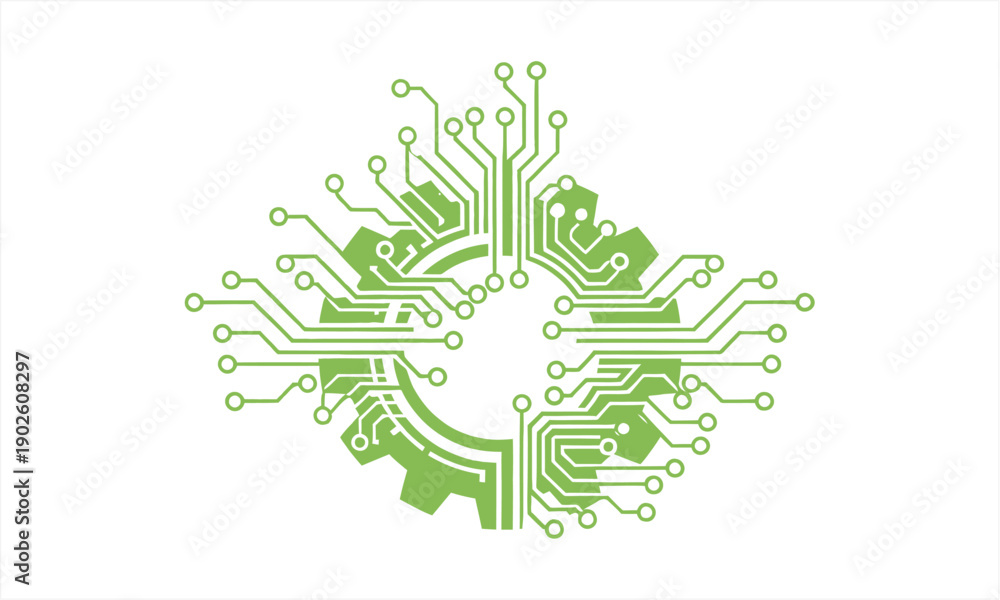 Obraz premium Green circuit board gear icon representing technology and innovation.
