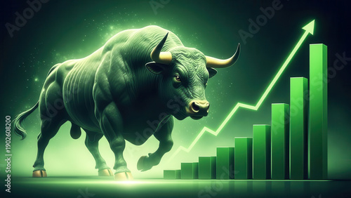 Powerful green bull charges forward, symbolizing robust growth and an optimistic uptrend in financial markets