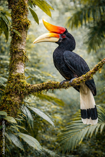 Rhinoceros hornbill perched on mossy jungle tree branch