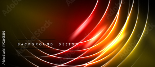 Abstract neon lines create vibrant background. Warm colors dominate, suggesting energy, movement, modern aesthetic. Dark space surrounds bright shapes.