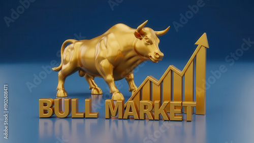 Golden bull standing proudly next to an ascending stock market graph, symbolizing a strong bull market trend