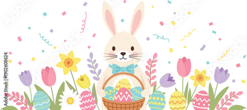 Easter bunny holding a colorful egg basket